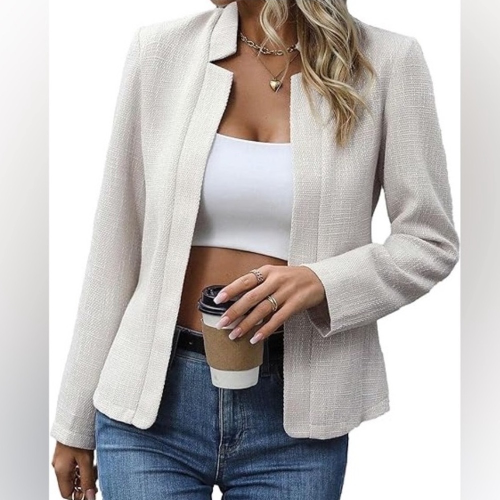 NWT Mina Self Textured‎ Tweed Blazer Cream Jacket Sz Medium
